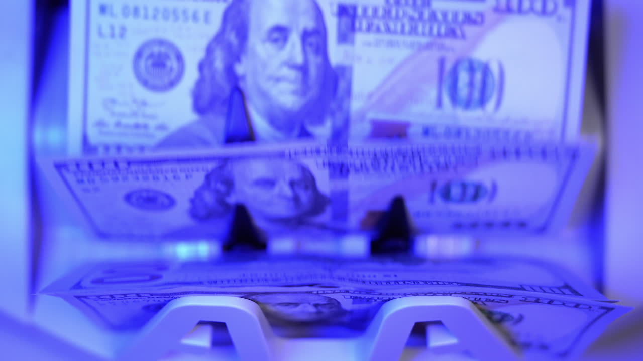 Counting machine for USD dollar paper banknote. Automatic mechanism for bank financial operations.