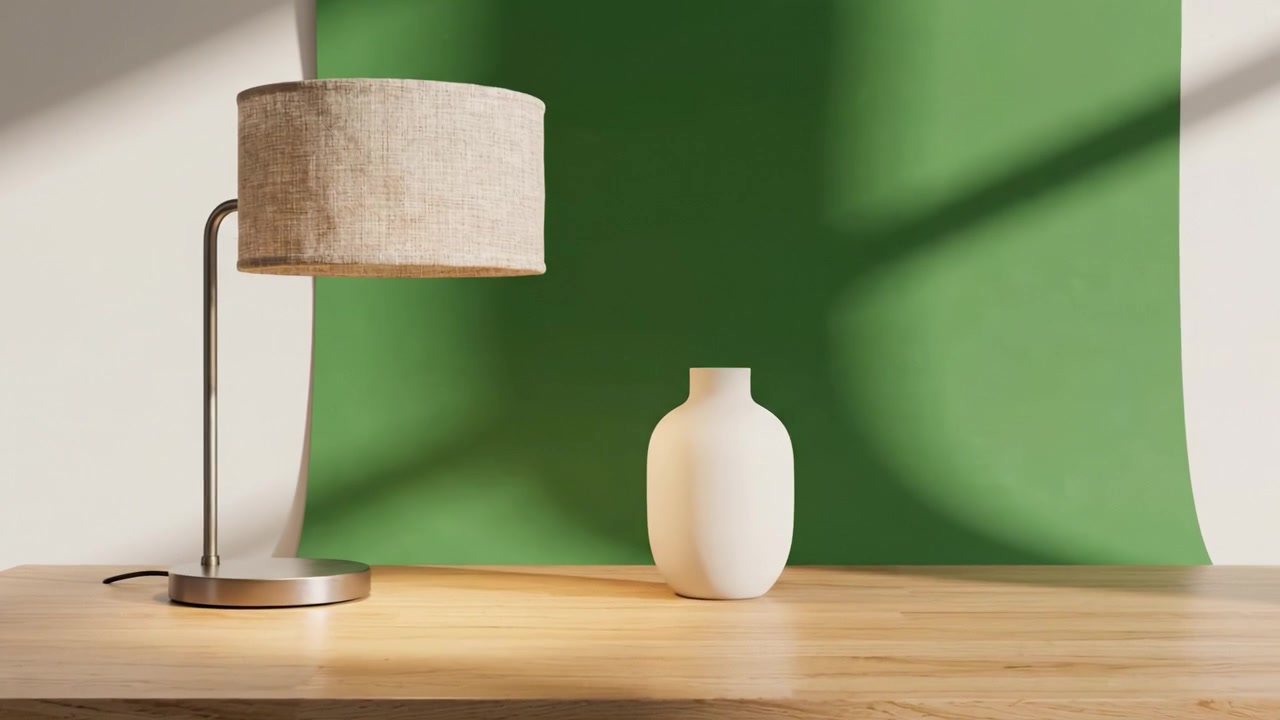 En minimalistisk inredningsscen med en stilren lampa och en keramisk vas på ett träbord mot en levande grön bakgrund, som framhäver modern inredningsestetik