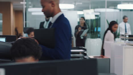 office, business people and walking with documents