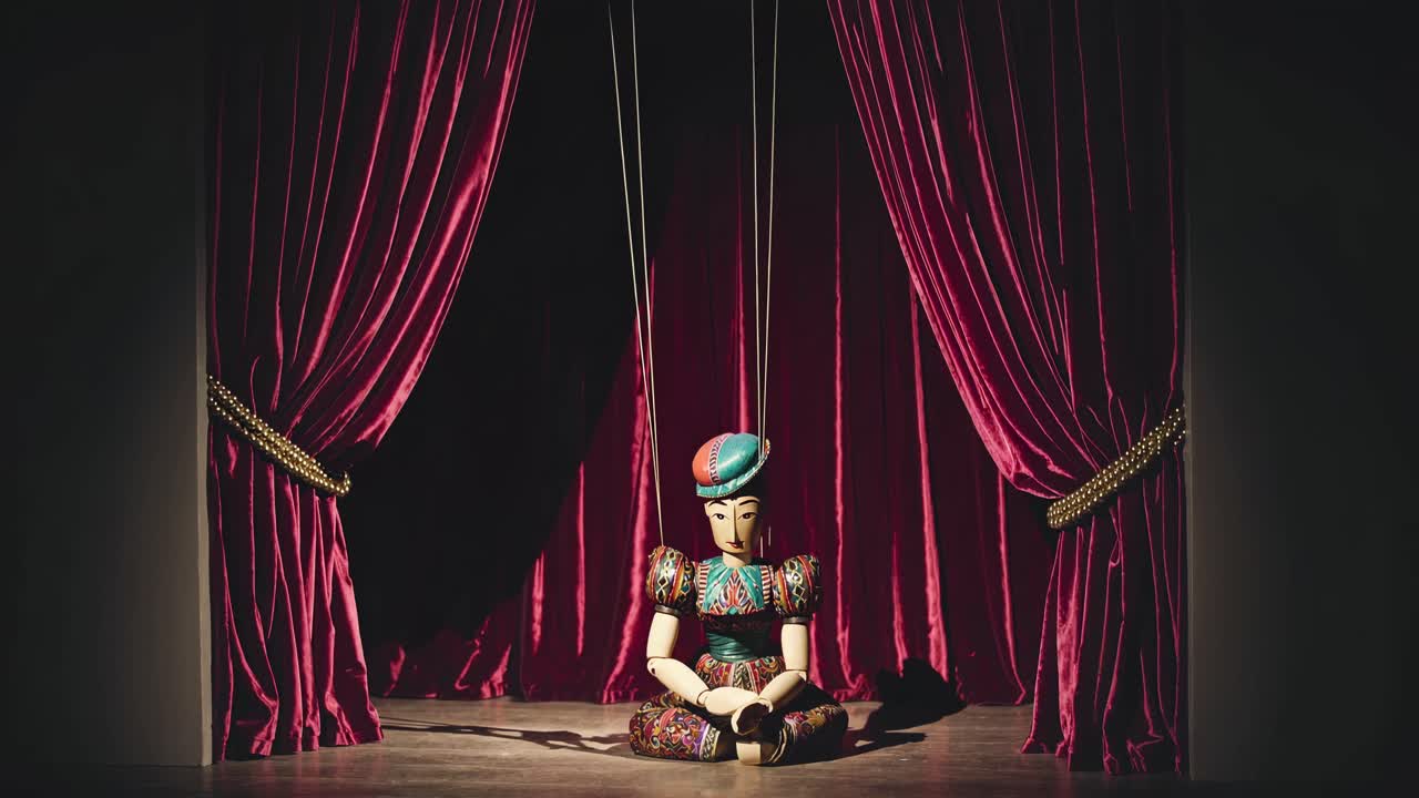 A marionette sits on a stage with red velvet curtains. Low-angle shot creates a dramatic, theatrical