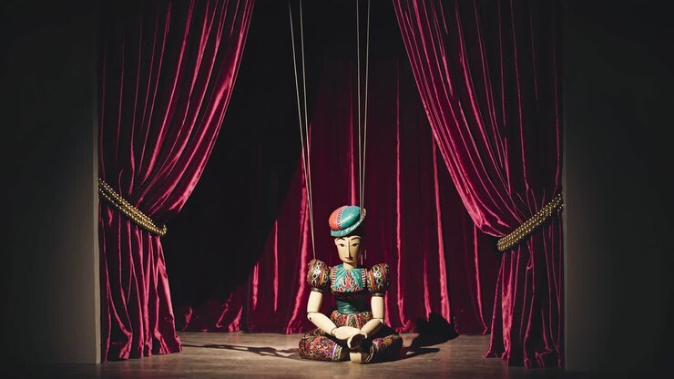 Una marionetta è seduta su un palco con tende di velluto rosse. L’inquadratura dal basso crea un effetto drammatico e teatrale