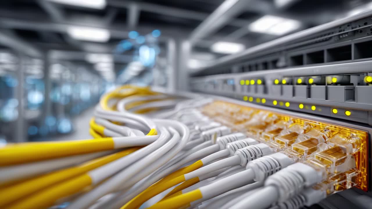 Detailed Close-Up of Network Cables Connected to a Data Switch in a Modern Server Room, Showcasing the Complexity of Digital Connectivity and Infrastructure