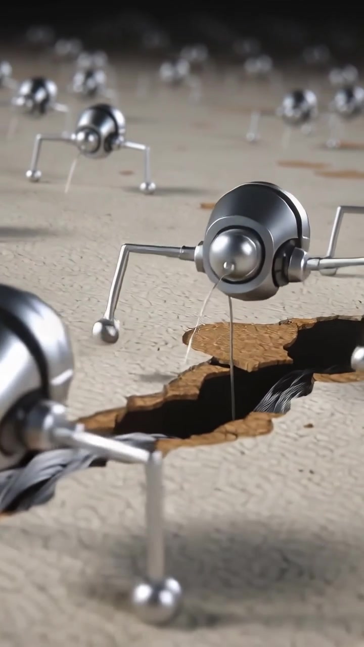 Video verticale: Mini robot ragno in movimento che sonda un pannello mentre una crepa espone un cavo intrecciato, tirando i fili