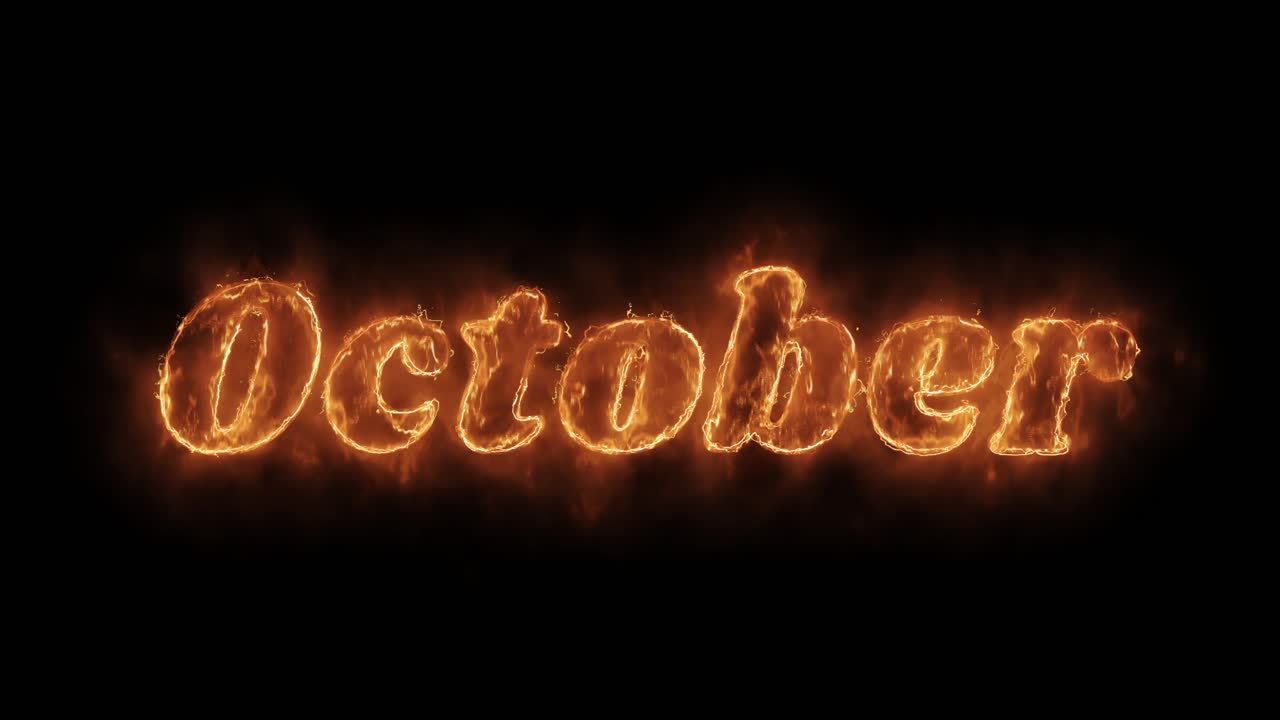 Parola Ottobre con animazione realistica di fuoco, fiamma e fumo ardenti in loop continuo.