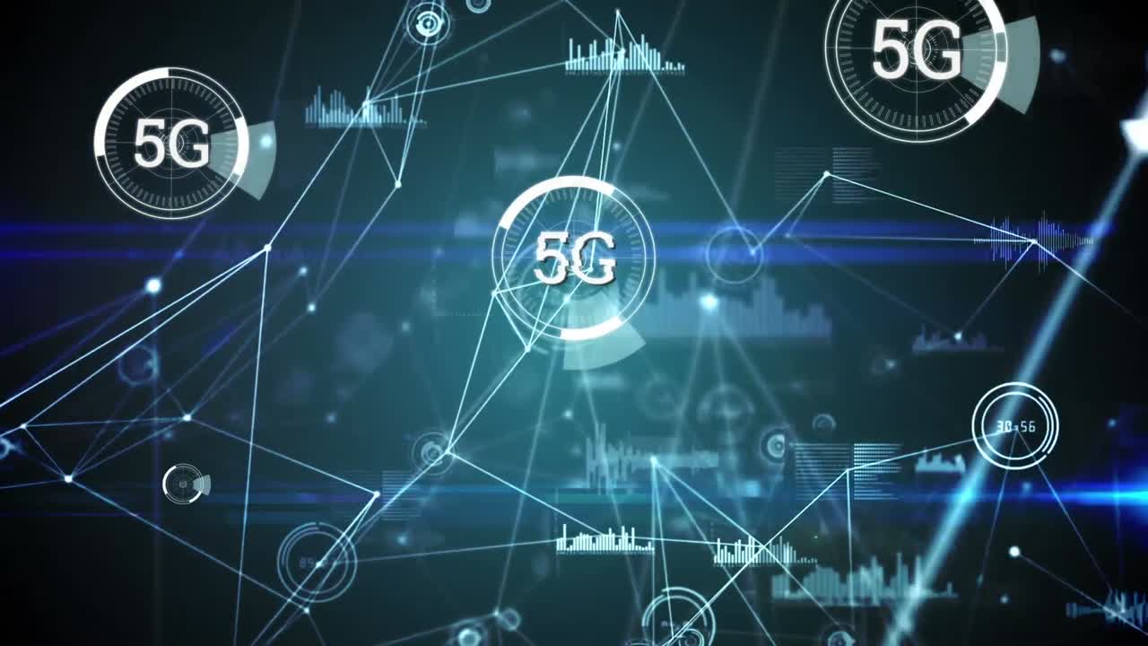 animación de la red de conexiones y texto 5g en fondo negro