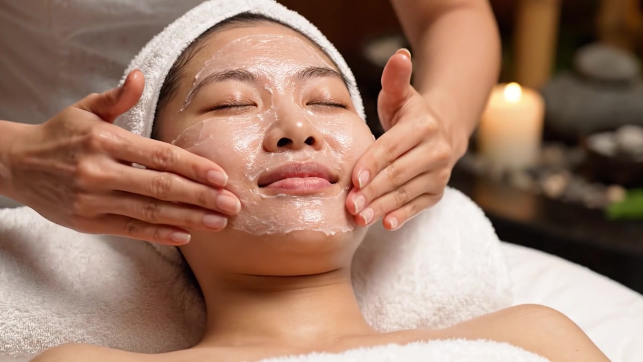 Tratamento de Spa Relaxante: Uma Mulher Desfrutando de uma Máscara Facial e Sessão de Mimos em um Ambiente Calmo e Sereno, Iluminado por Luz Suave e Preenchido com Óleos Essenciais.