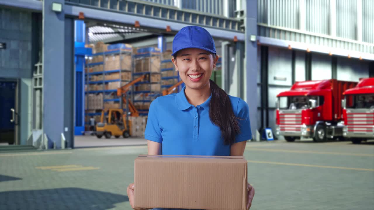 Asian Female Courier In Blue Uniform Smiling While Delivering A Carton, Outside Warehouse