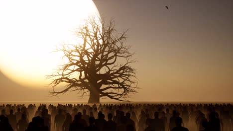 a huge dead tree with many branches on a desert, arid environment, with crowd standing idle on sunset with dark shadows, 3d animation, 3d scene, dystopian theme, camera dolly left to right slowly