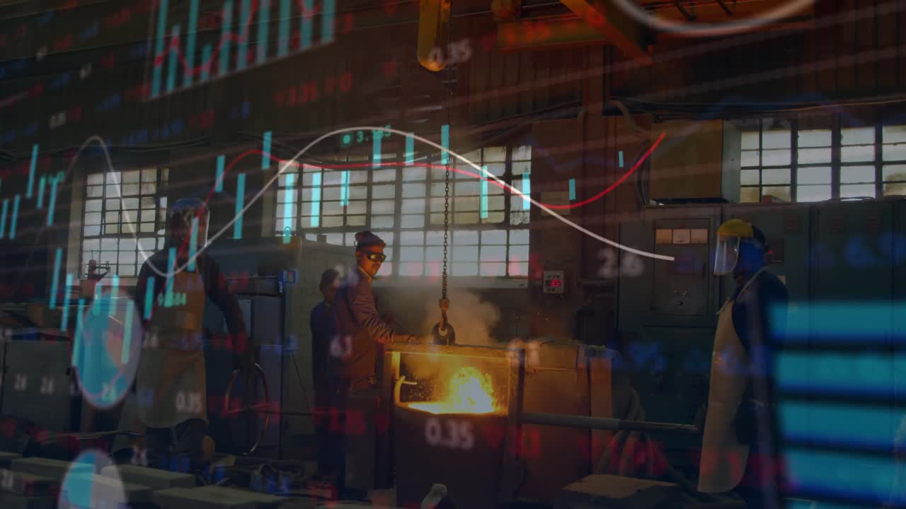 Ouverture de porte de four, ouvriers guidant du métal en fusion sur des moules, graphiques financiers animés qui changent