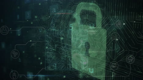 Animation of multiple texts, letters, numbers, symbols over circuit board pattern in padlock