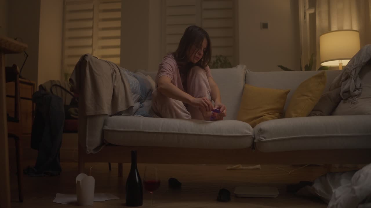 Woman doing nail care on couch at night