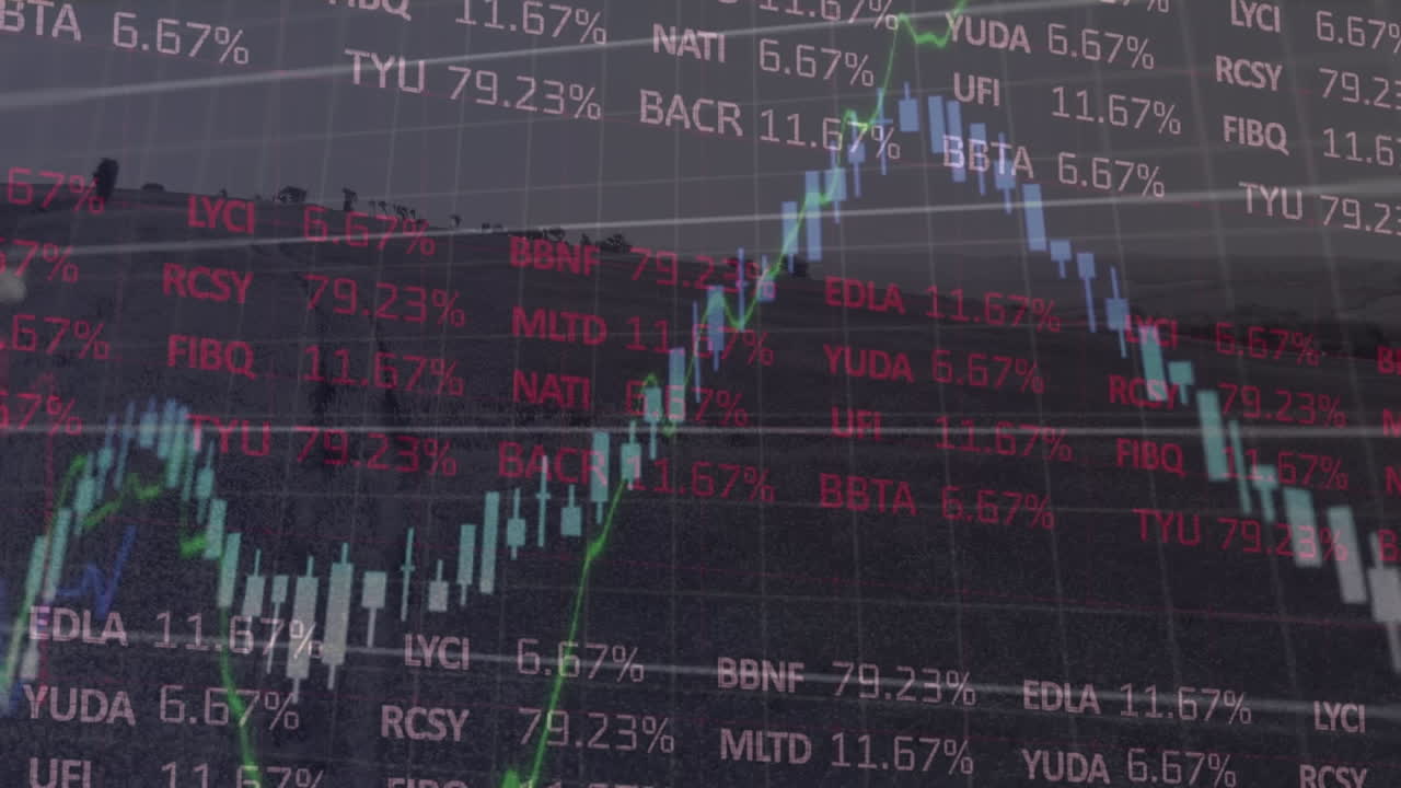 Animation af finansiel og aktiemarkedsdatabehandling mod et luftfoto af græsland.