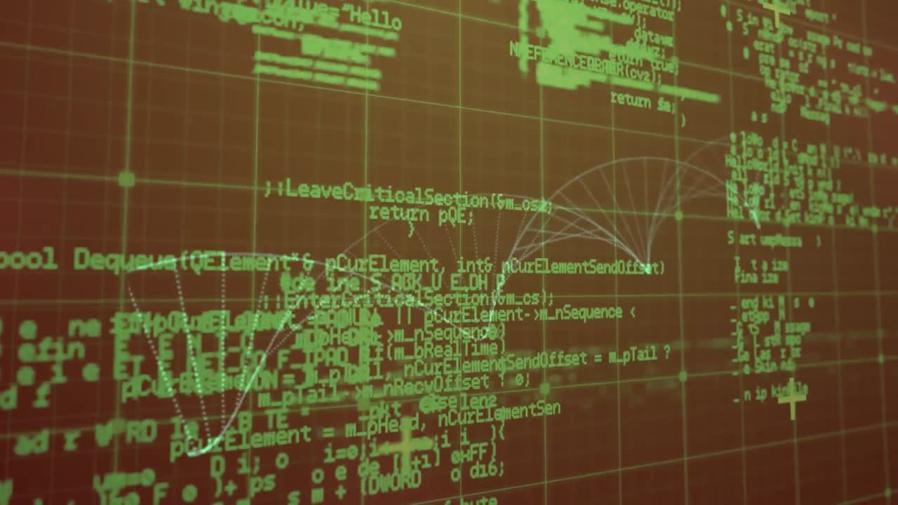 Animation of processing green data and dna helix rotating on brown screen