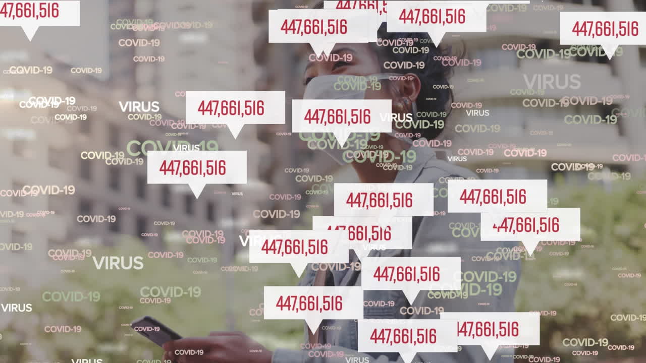 코비-19 정보가  ⁇  글자로 쓰여진 거리에서 마스크를 쓴 여성의 애니메이션