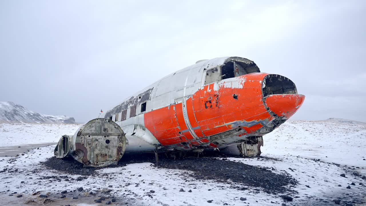 USA navy DC-3 Airplane wreck, crashed plane in Iceland in winters, Eyvindarholt Hill, Gimbal shot