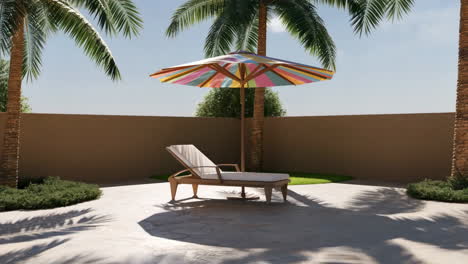 relaxing outdoor patio with palm trees, lounge chair, and colorful umbrella