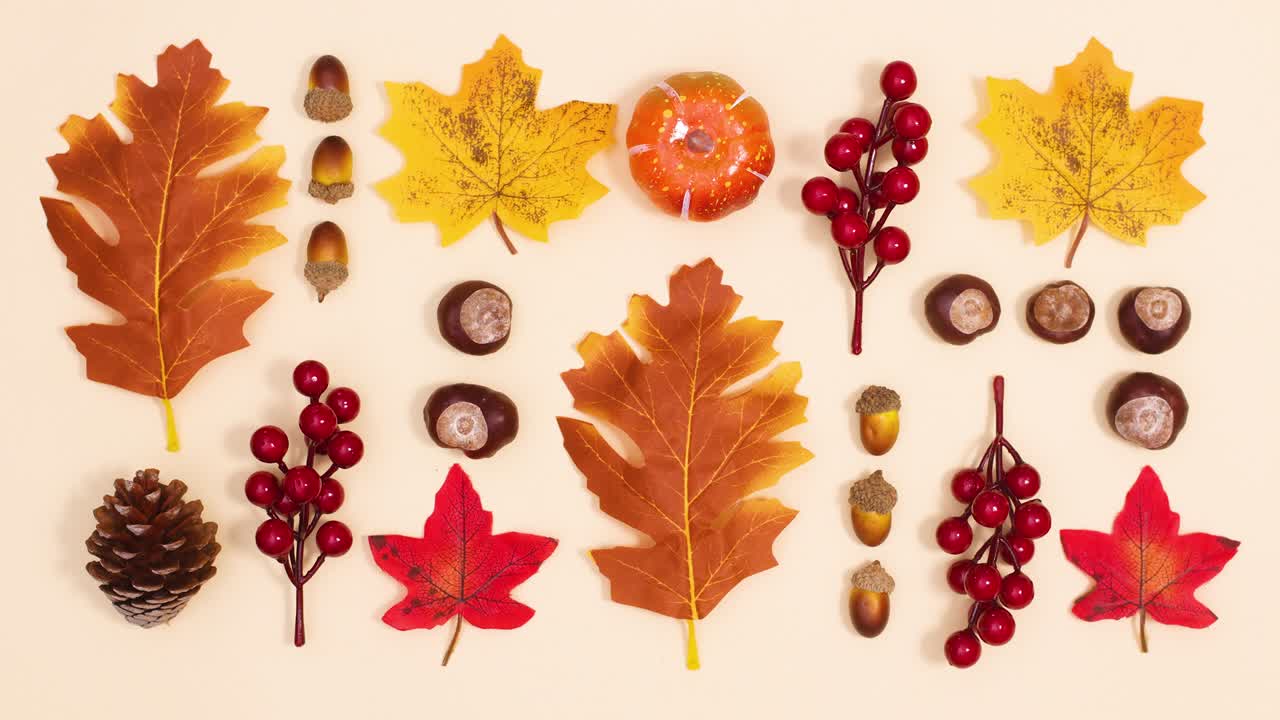 Autumn leaves and fruits make autumn arrangement on beige background. Stop motion