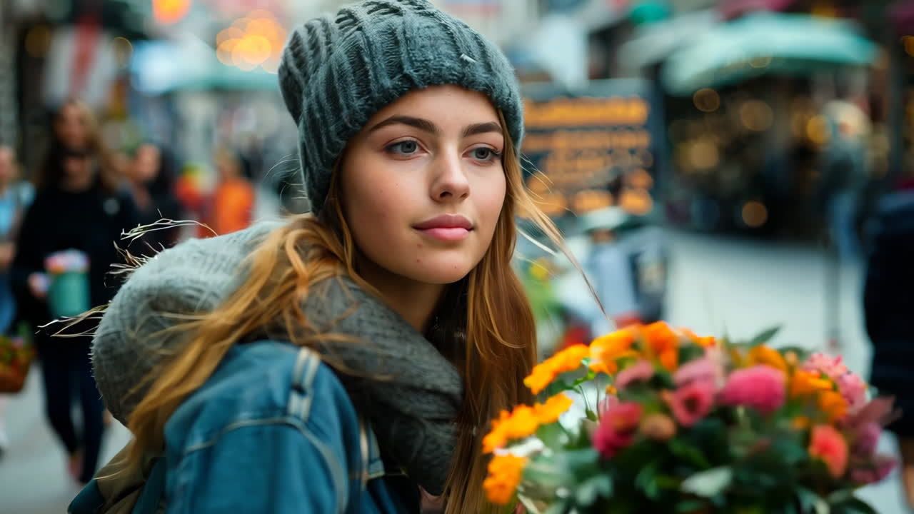 Young Woman With Flowers in Bustling Market Street in Autumn Afternoon. A young woman stands in a vibrant market street