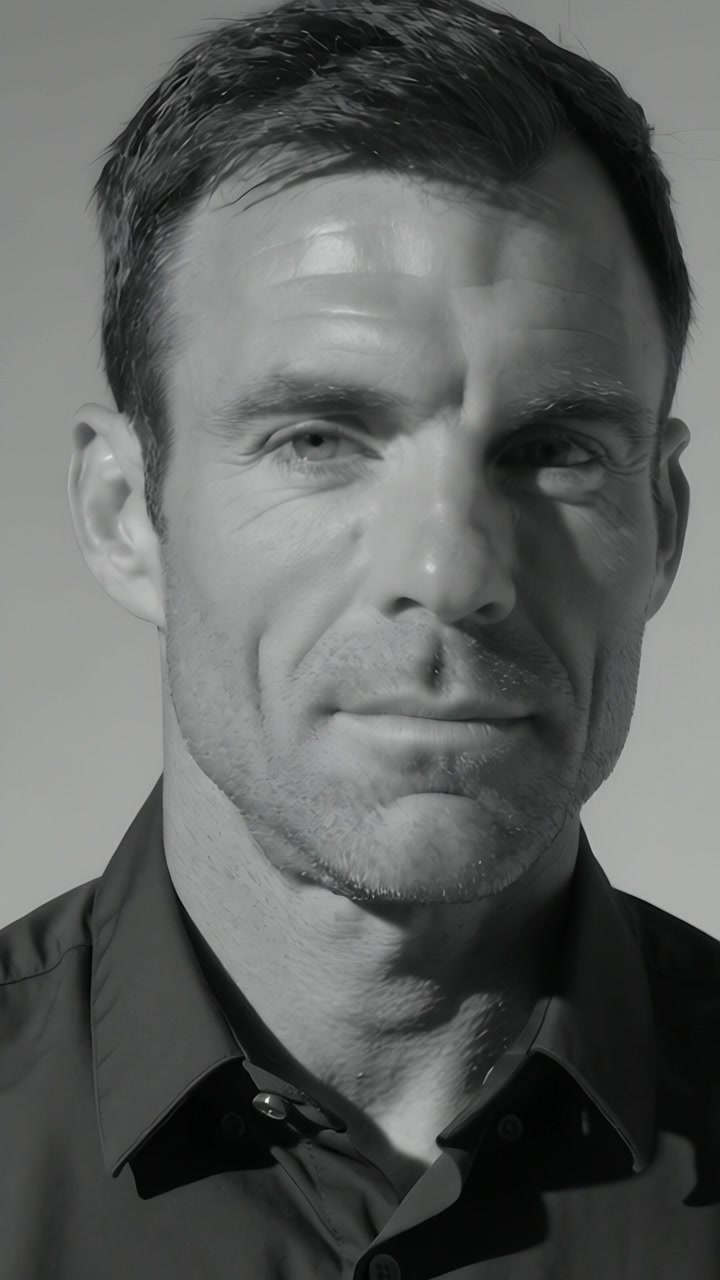 Vertical video: Reacting to crop man tilting head shifting gaze under studio light with dark shirt