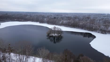 Winter-Schnee-Eis-See-Wald-Wald-Bewölkter-Himmel-Deutschland