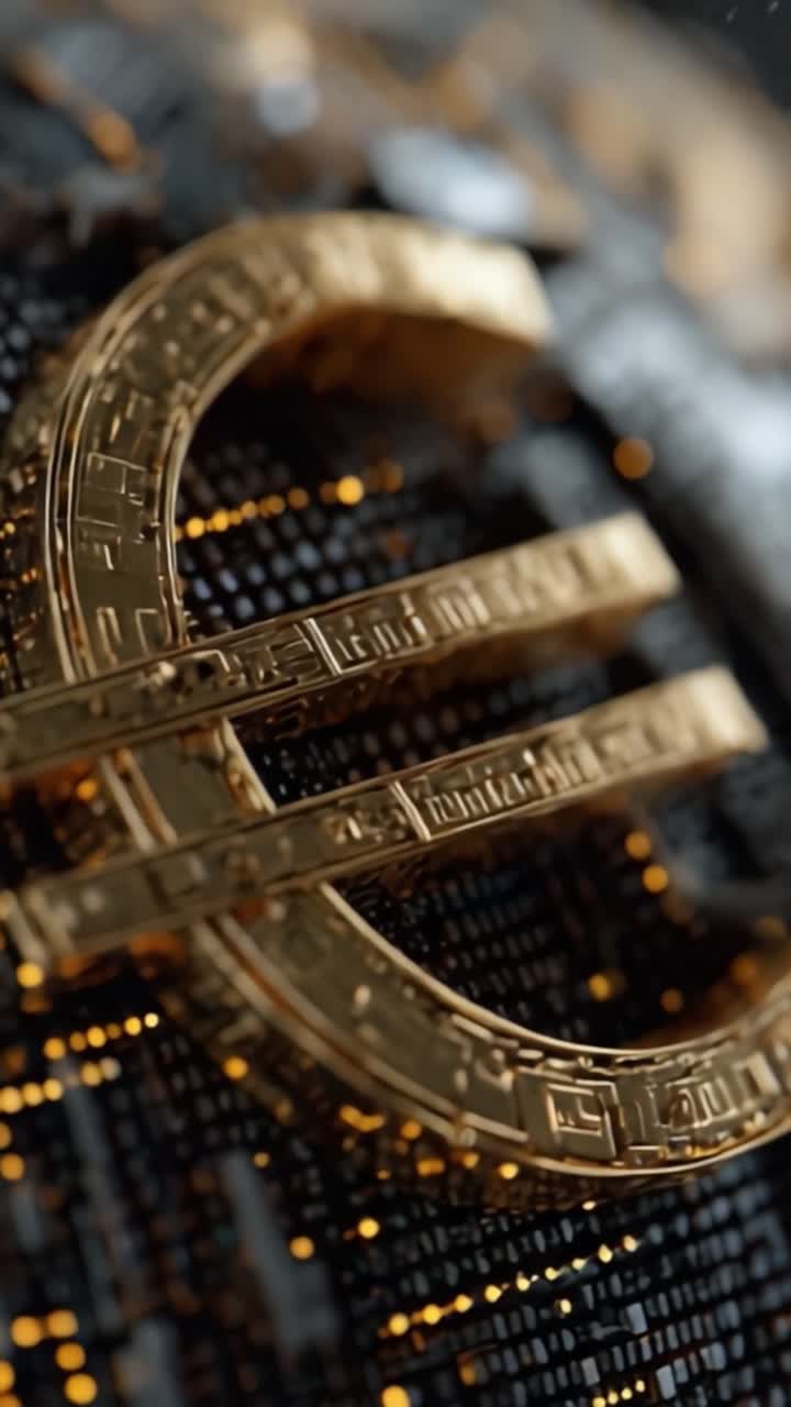 Primo piano intricato di un simbolo dell'euro dorato su uno sfondo di motivi digitali e luci, che mostra il design finanziario moderno e la tecnologia.