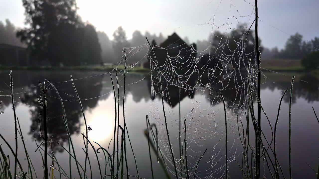 Spider web cobweb old and dusty up-close near lake nature landscape background