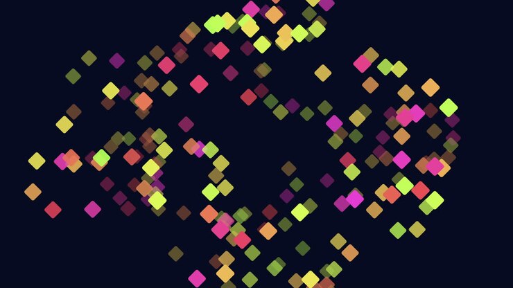 Filmato astratto di quadrati luminosi colorati che fluttuano e luccicano su uno sfondo blu scuro, creando un moderno campo di particelle bokeh per tecnologia, musica e design.
