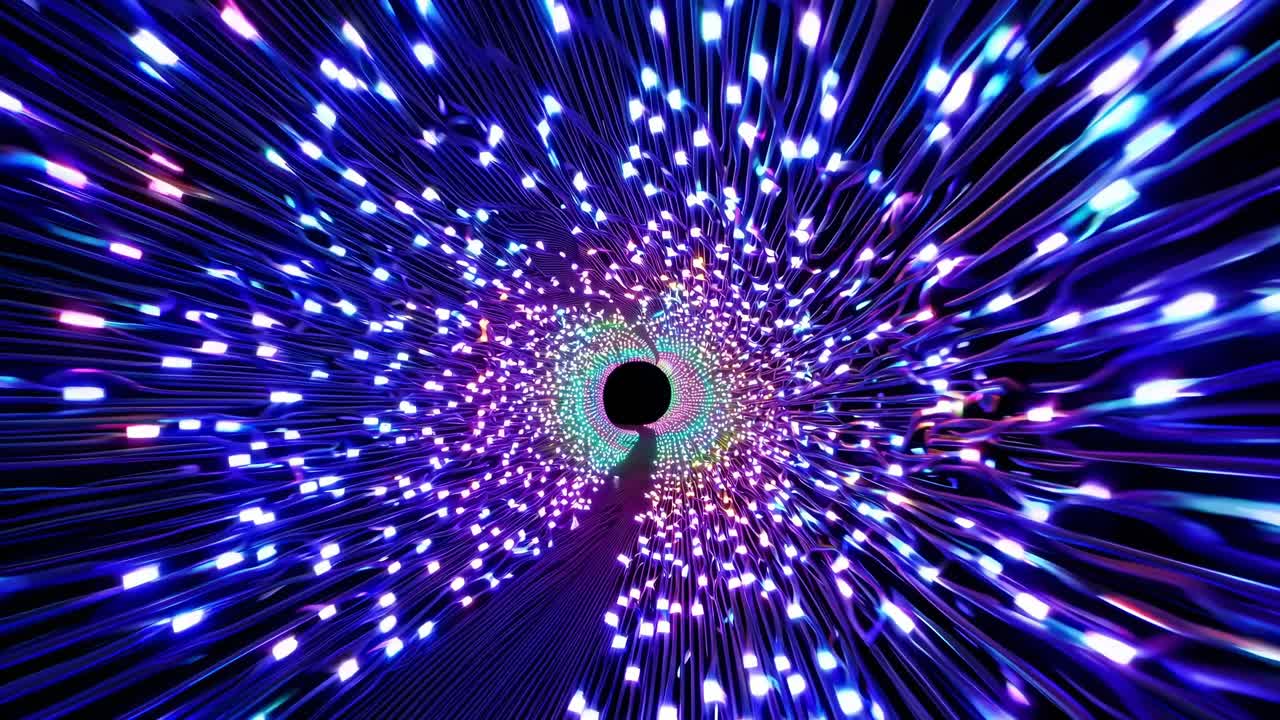 Dynamic visual sequence of vibrant light trails converging towards a central point, creating an immersive tunnel effect with colorful illumination