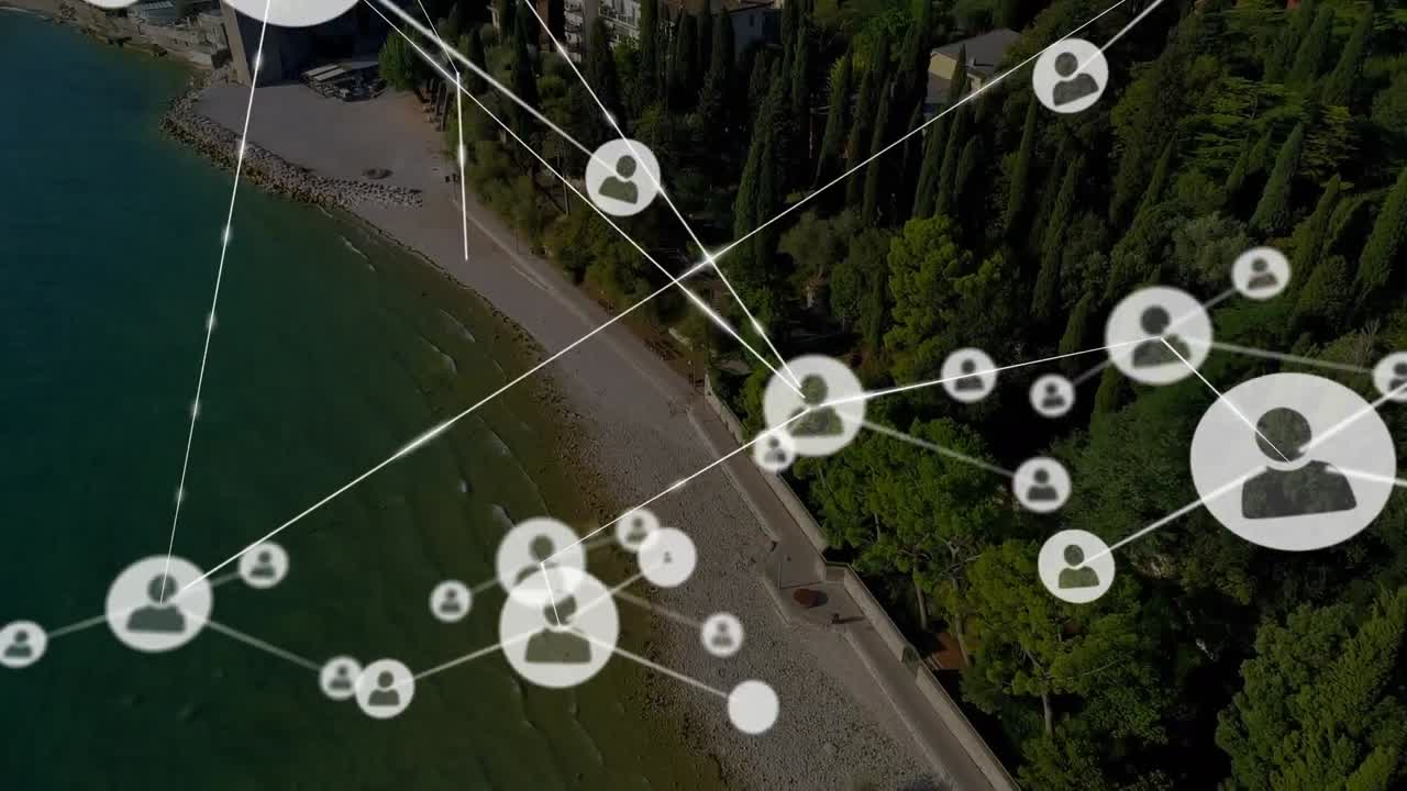 animación de la red de conexiones con iconos sobre la vista del mar