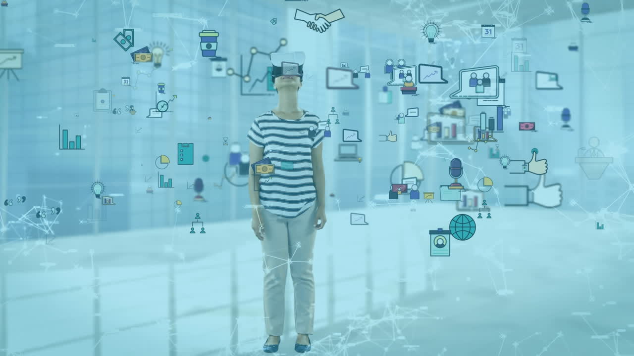 사회적 아이콘 위에 vr 헤드 ⁇ 을 착용한 백인 여성의 애니메이션