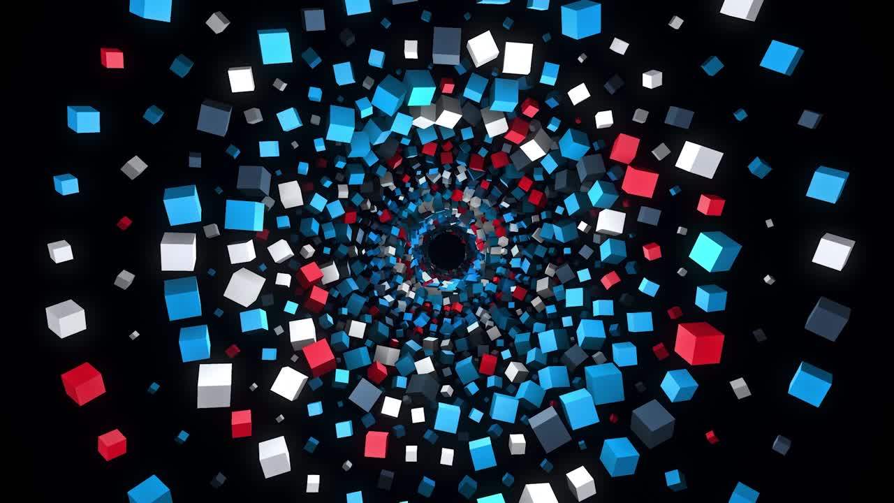 Tunnel of 3D colored squares on black background. Animation. Beautiful hypnotic tunnel of colorful cubes. Distance from spiral of many bright cubes