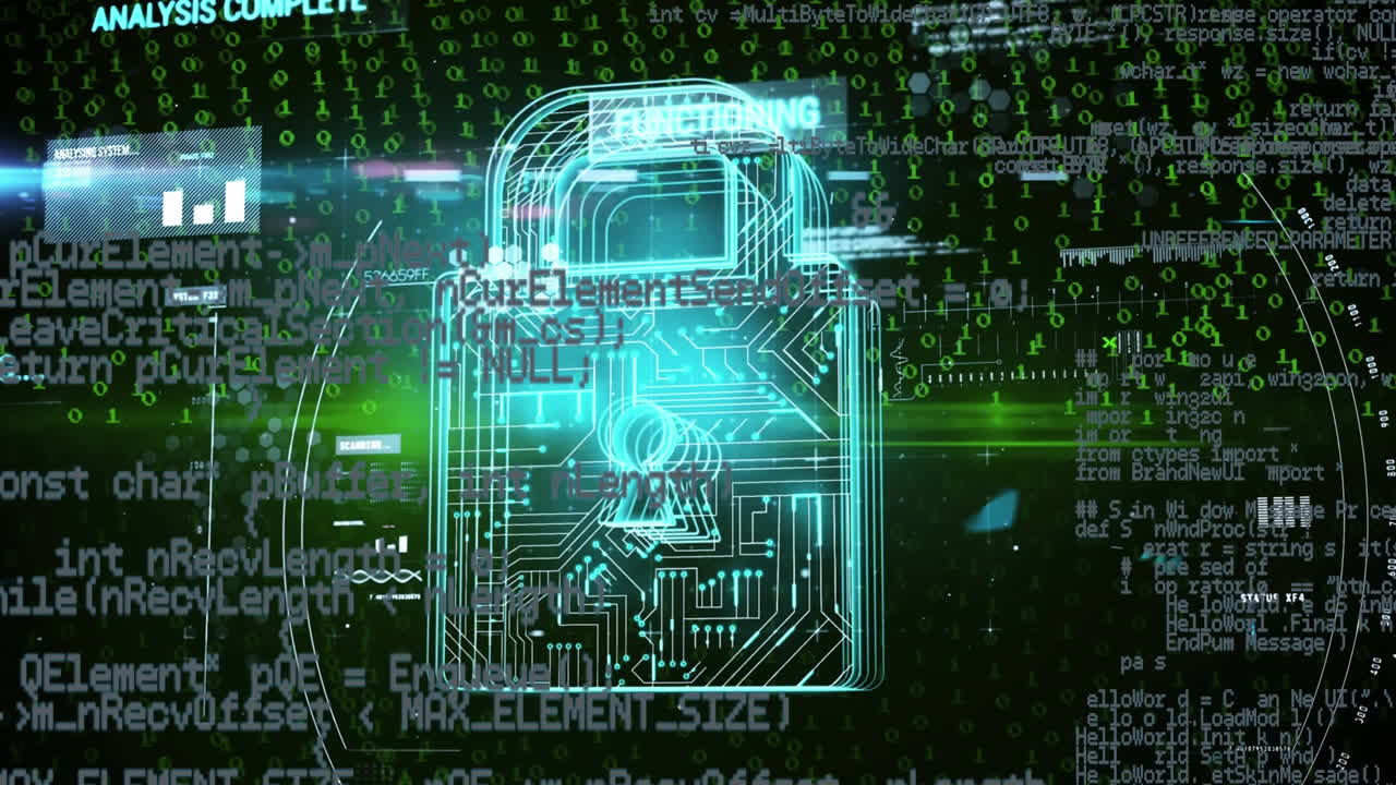 animación de escaneo de alcance y procesamiento de datos sobre el icono de candado de seguridad contra fondo negro