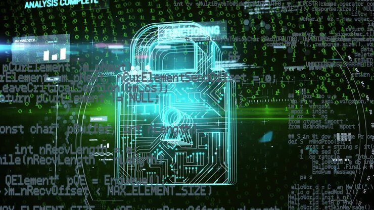 Animation of scope scanning and data processing over security padlock icon against black background