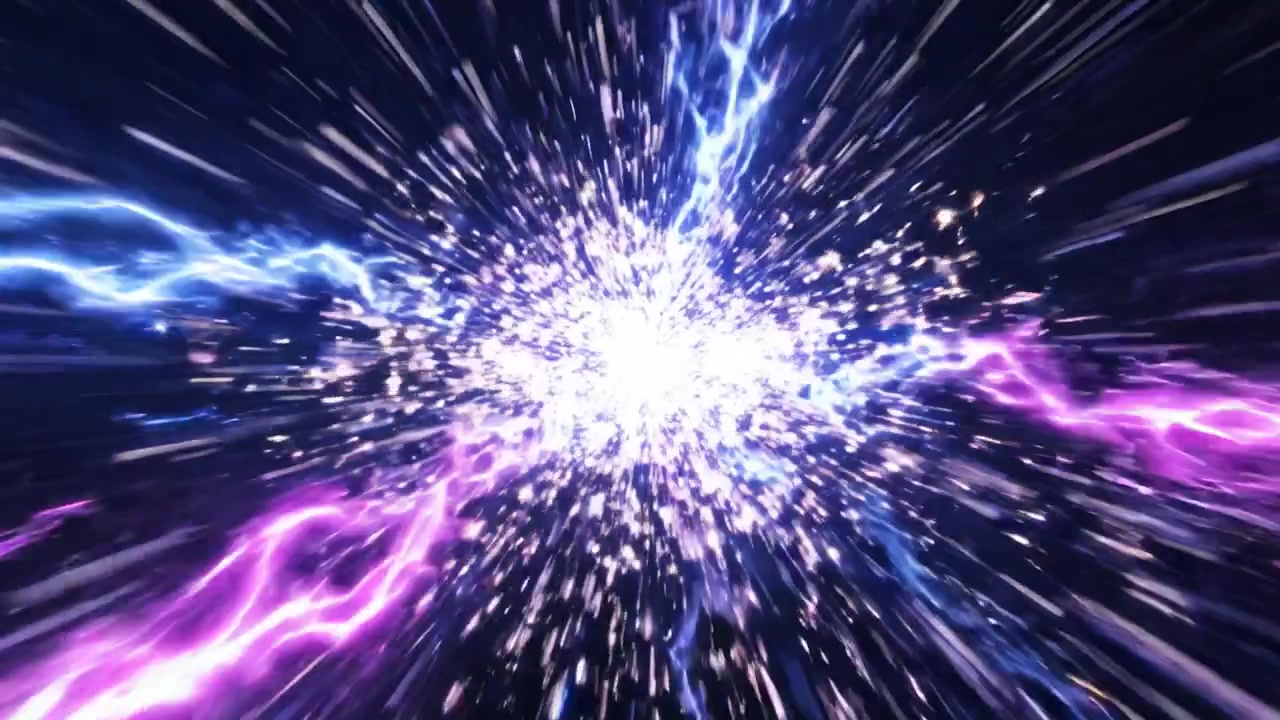 Un viaggio affascinante attraverso lo spazio e il tempo: onde energetiche dinamiche che erompono in una vivida esplosione di colori blu elettrico e rosa radioso in un ambiente cosmico.
