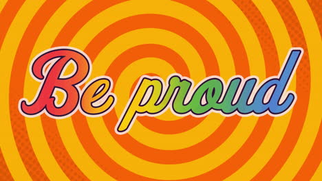 animation of be proud text against orange spinning circles in seamless pattern on yellow background