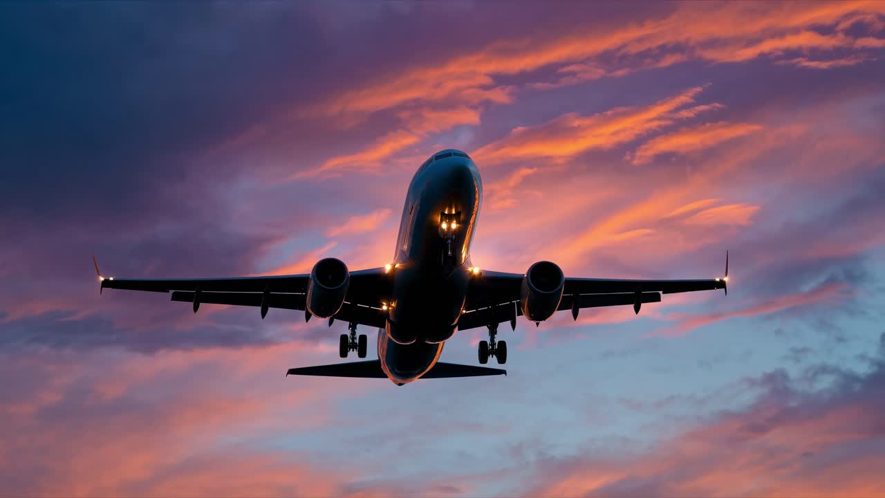 Jet plane approaching runway during final descent with landing lights on, featuring vibrant sunset sky with orange and purple clouds creating dramatic backdrop