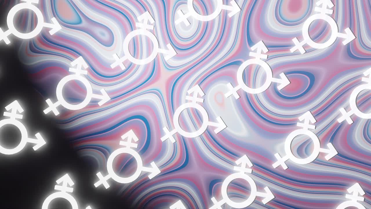 트랜스젠더 상징이 다채로운 파동성 사이키델릭 배경에 떠다니고, 수직으로