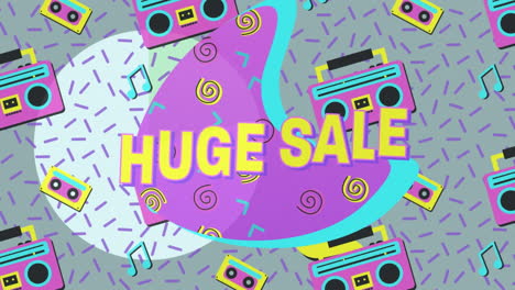 animation eines riesigen verkaufstextbanners über boombox-ikonen in nahtlosem muster und abstrakten formen.