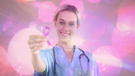 animation of happy caucasian female doctor with red ribbon over spots