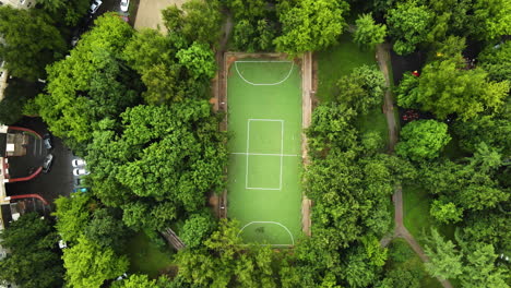 Aerial-view-above-the-Round-House-in-Moscow,-summer-evening---top-down,-drone-shot