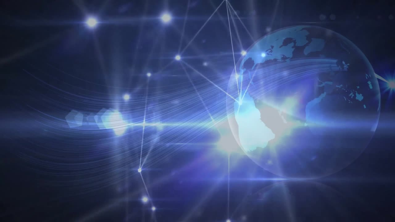 Startup signal powering network as teal globe rotating and stream sweeping showing connectivity