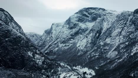 Aerial-over-the-wintry-landscape-near-Voss,-Norway