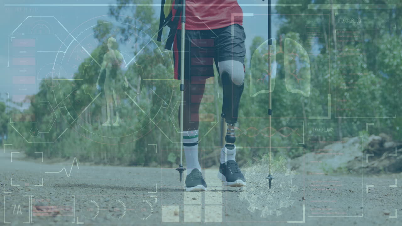 아프리카계 미국인 남성 의 다리 의 인공 다리 로 도로 에 훈련 하는 디지털 화면 의 애니메이션