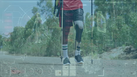 animación de pantalla digital sobre hombre afroamericano con piernas protésicas entrenando en la carretera