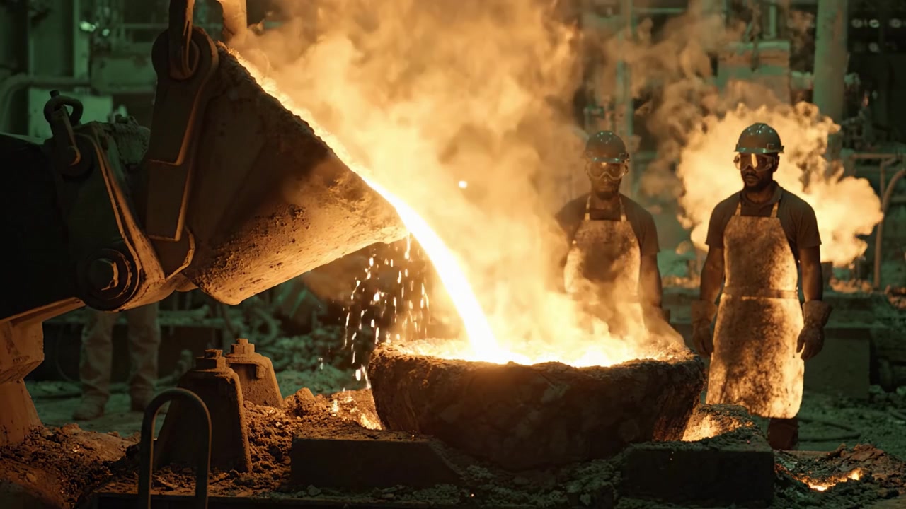 Intensa scena di fonderia con metallo fuso che cola e operai che supervisionano il processo in un ambiente infuocato di calore e trasformazione
