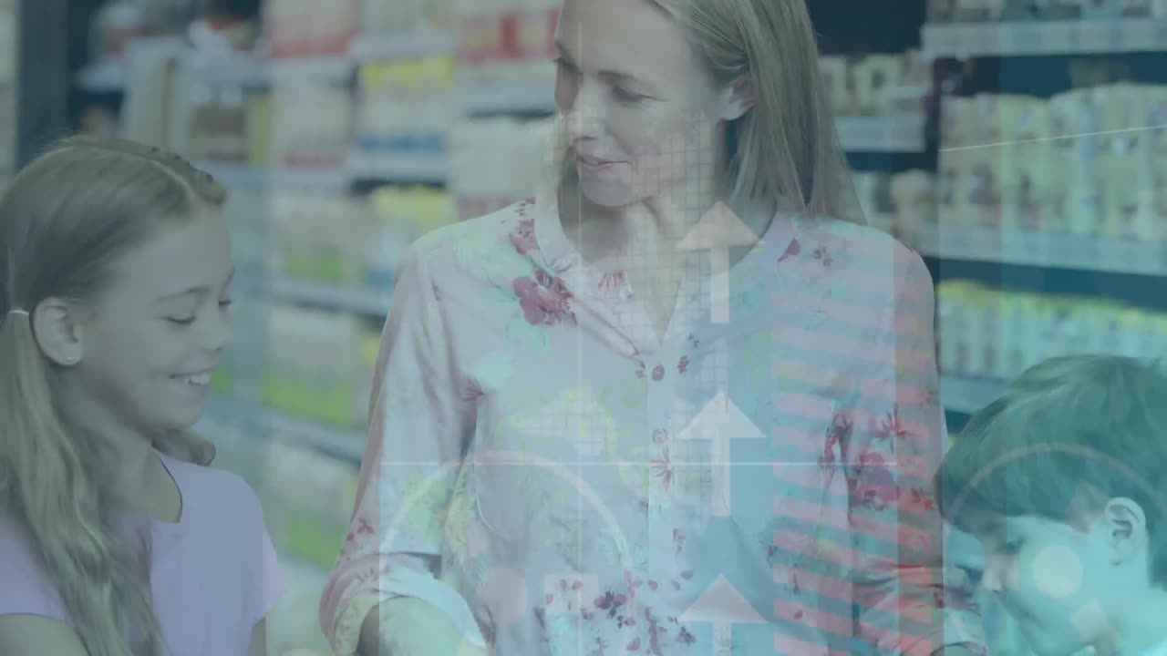 딸과 아들과 함께 식료품 가게에서 쇼핑하는 어머니에 대한 금융 데이터 처리