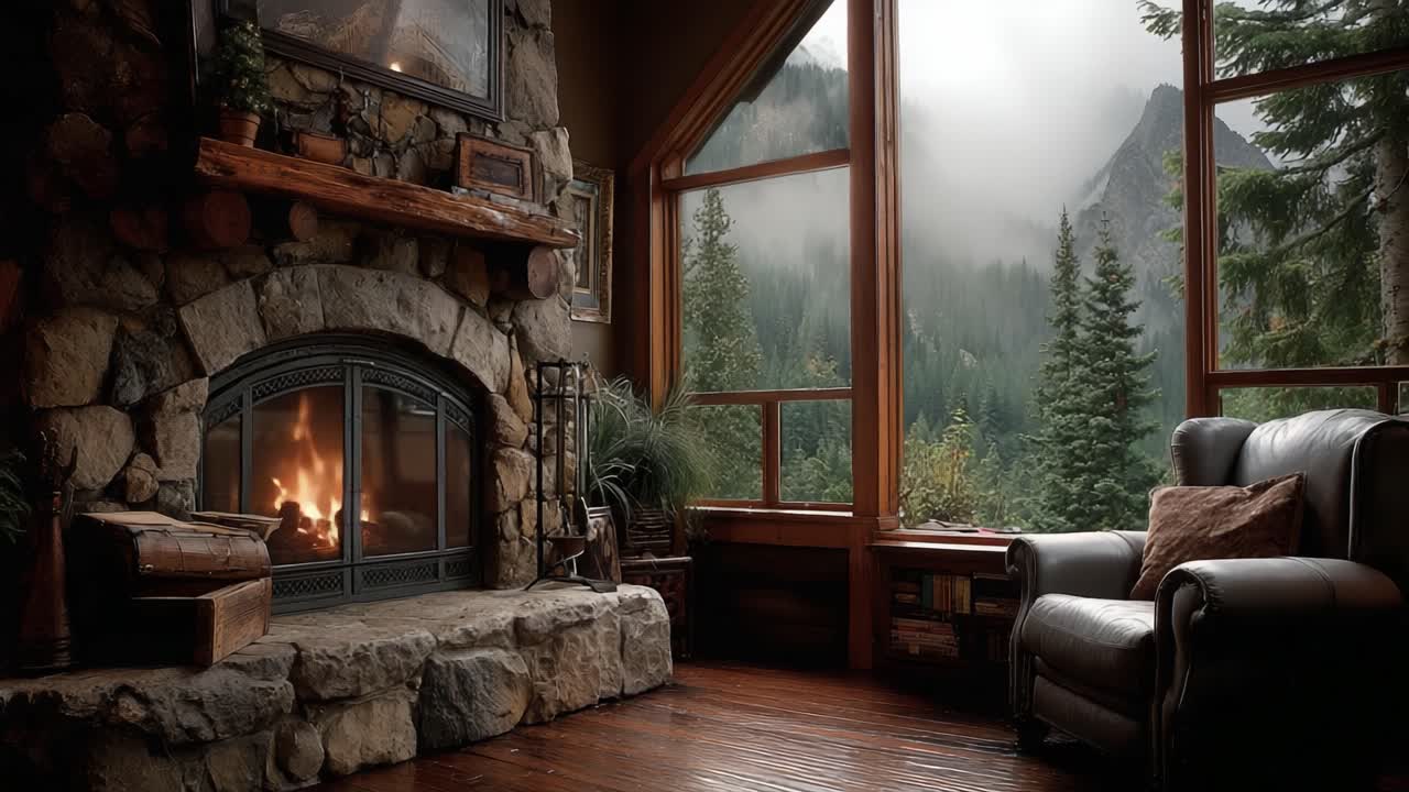Cozy Fireside Scene: A Warm Fireplace Overlooking Lush Forests and Mountain Landscapes Through Large Windows in a Rustic Cabin Retreat