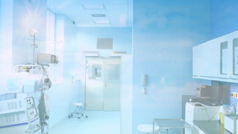 animation of clouds and sky over surgeons wearing face masks running in hospital