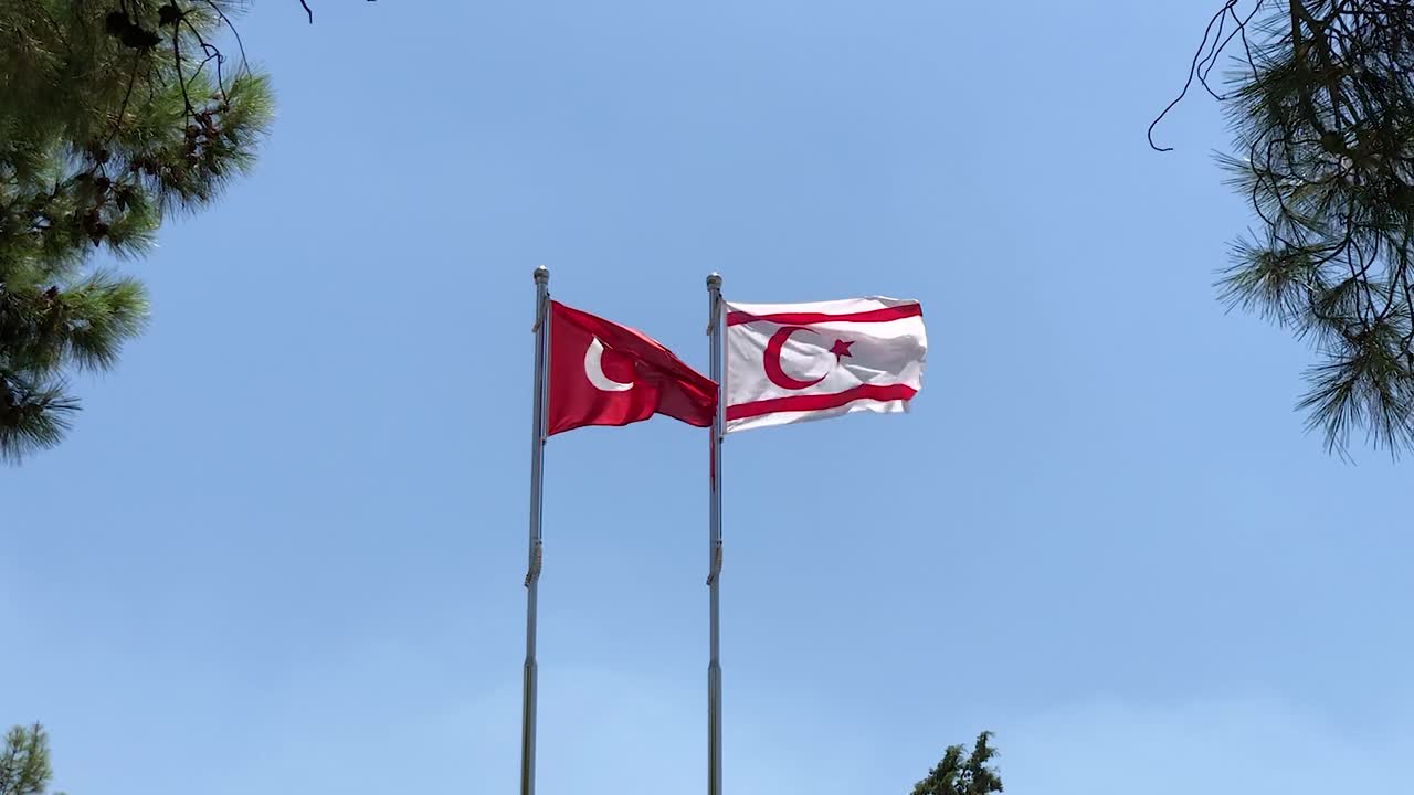 Türkiye and Northern Cyprus flags waving