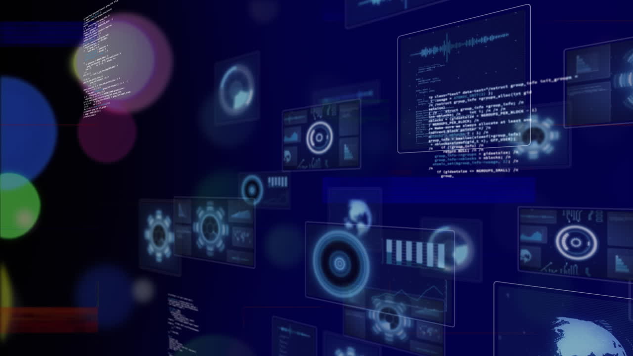animación del efecto de glitch sobre puntos de luz contra escáneres redondos y procesamiento de datos